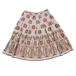 Monroe & Main Floral Midi Skirt Womens 12 Beige Red Beaded Artsy Boho Cottage